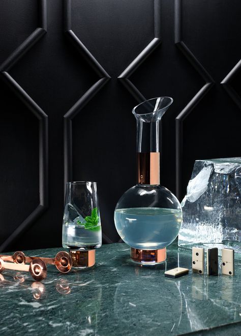 Tank-Vases-Barware-Tom-Dixon-3-cocktail High Ball Glasses, Clear Glass Ornaments, Copper Jug, Copper Vase, Long Drink, Glass Jug, Glassware Collection, Tom Dixon, Copper And Brass