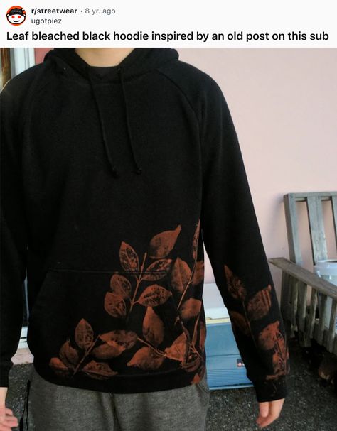 Everything you need to know about the bleach leaf hoodie that's taking over DIY TikTok How To Bleach Hoodie Diy, Bleach Leaf Print, Bleach Leaves Hoodie, Bleach Leaf Hoodie Diy, Bleached Hoodies Ideas, Bleached Sweatshirt Ideas Diy, Diy Bleach Sweatshirt, Leaf Bleach Printing, Bleach Designs On Hoodie