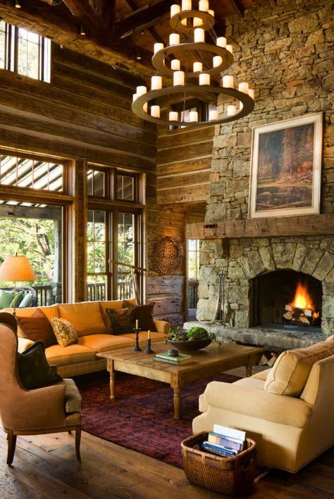 Rustic mountain home showcases inspiring views of Big Sky Country Cosy Rooms, Rustic Mountain Homes, Rustic Houses, Rustic Cabins, Rustic Homes, Cozy Cabins, Casa Country, Log House, Design Salon