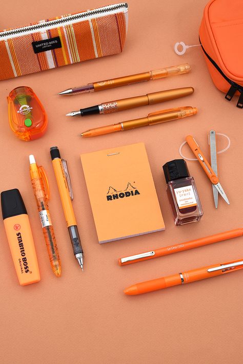 Orange School Supplies, Stationary Product Photography, Stationery Product Photography, Orange Stationary, Stationary Photography, Personal Project Ideas, Colorful Pens, Colorful Stationery, Best Highlighter