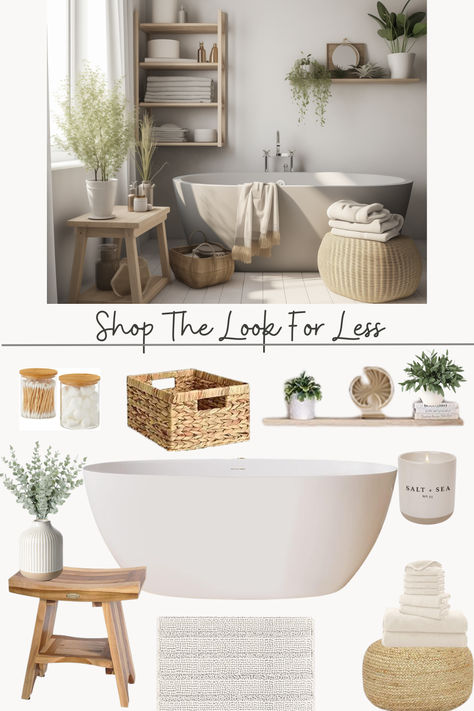 Shop recommended products from MLJModern on www.amazon.com. Learn more about MLJModern's favorite products. Over Tub Decor Ideas, Scandi Spa Bathroom, Decor For A White Bathroom, Bathroom Inspiration Spa, Bathtub Set Up Ideas, Neutral Master Bath Decor, Bathroom With Bamboo Accents, Bathroom Accents Decor, Standing Bathtub Decor