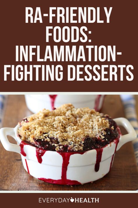 Eight Yummy Anti-Inflammatory Dessert Ideas That People With RA Can Feel Good About Having rheumatoid arthritis doesn’t mean you have to skimp on dessert. Here are 8 inflammation-fighting treats that will also satisfy your sweet tooth. Sweet treats don’t have to be your enemy. When you have rheumatoid arthritis (RA), building your diet around foods that help curb the inflammatory response is important, but that’s easier said than done — especially when it comes to desserts. Inflamatory Foods, Low Inflammation Diet, Inflammation Diet Recipes, Inflammation Foods, Anti Inflammation Recipes, Inflammation Diet, Lower Inflammation, Dessert Recipies, Inflammatory Diet