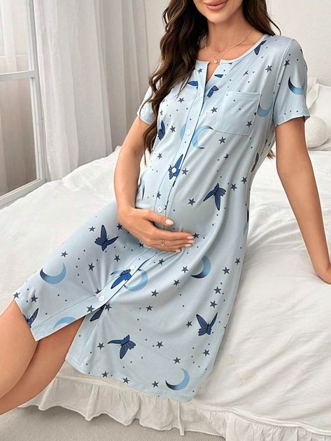 Shein Underwear&Sleepwear Maternity Pregnant Women Summer Butterfly And Moon & Star Print Front Button Short Sleeve Sleep Dress | SHEIN ASIA Nursing Dresses, Maternity Summer, Maternity Street Style, Maternity Sleepwear, Clothes For Pregnant Women, Breastfeeding Clothes, Summer Pregnancy, Sleep Dress, Fancy Dress Design