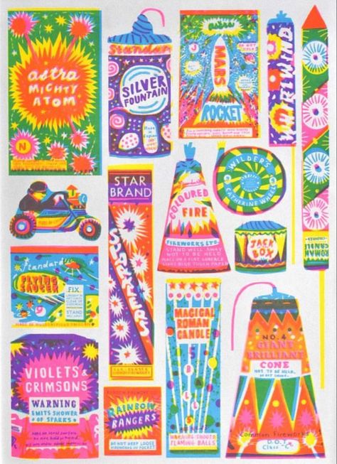 Louise Lockhart, Risograph Art, Riso Art, Risograph Illustration, Vintage Fireworks, Roman Candle, Riso Print, Risograph Print, Print Inspiration