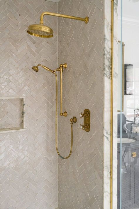 Zellige Herringbone, Herringbone Shower Tile, Whittney Parkinson Design, Whittney Parkinson, Herringbone Shower, Tile Shower Niche, Spanish Bungalow, Primary Bath, Timeless Interior