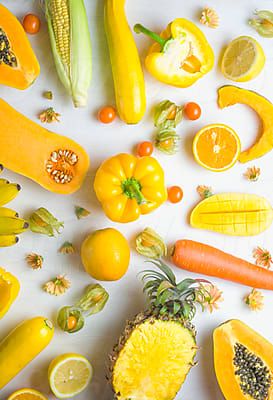 Yellow Fruits And Vegetables On Dark Blue | Stocksy United Yellow Vegetables, Yellow Food, Vegetables Photography, Yellow Fruit, Yellow Foods, Fruit Photography, Eat The Rainbow, Food Photography Styling, Fruit And Veg