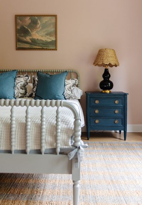 Painted Spindle Bed, Spindle Bed Bedroom, Bobbin Bed, Bedroom Wainscoting, Spool Bed, Jenny Lind Bed, Natural Wood Bed, Wood Spindle Bed, Blue Dresser