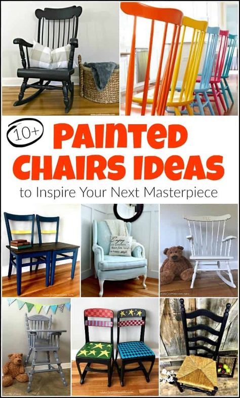 Painted chairs are an awesome way to update a space. Painted wooden chairs have their own kind of unique character that shouldn't go unnoticed. Whether you have an old ladder back chair or a rocking chair that's been in the family for years these painted chairs ideas will help you take your project to the next level. #paintedchairs #paintedchair #paintedchairsideas #paintedwoodenchairs #paintedadirondackchairs #paintedfabricchairs Chair Makeover Wooden, Painted Rush Seat Chairs, Ladder Back Chairs Makeover, Painting Chairs Ideas, Painted Rocking Chair Ideas, Painted Chairs Ideas, Painting Old Chairs, Painted Chairs Diy, Repurposed Chairs