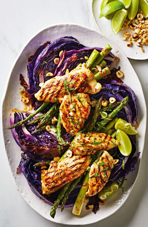 Cabbage With Chicken, Spring Feast, Cabbage Wedges, Roasted Cabbage Wedges, Chargrilled Chicken, Food Nutrition Facts, Chicken Roasted, Roasted Cabbage, Family Dining