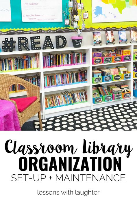 Ideas for organizing a colorful classroom library from Lessons with Laughter Classroom Library Labels, Classroom Libraries, Classroom Library Organization, Library Labels, Colorful Classroom, Reading Strategy, Classroom Tour, Library Organization, Class Library