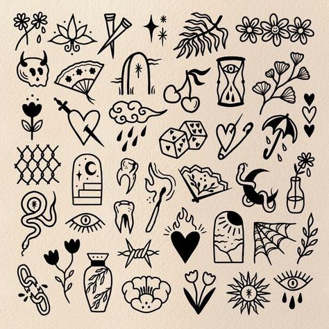 Easy Spooky Doodles, Small Fall Tattoos, American Traditional Patchwork, Very Simple Tattoos, Drawing Scrapbook, Sick Tattoos, Stick Poke Tattoo, Pola Tato, Beginner Tattoos