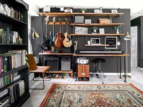 15 Best Music Room Ideas To Design in Your Home | Foyr Music Studio Office Ideas, Home Office Music Room Combo, Music Office Guest Room, Music Room Setup Home, Diy Music Studio Room, Bedroom Ideas Natural Wood, Music Studio Home Ideas, Cozy Music Room Ideas, Office Music Room Ideas