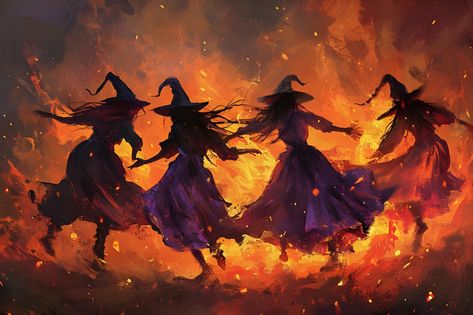 Witches Dance Around Fire, Witches Dancing Around Fire Tattoo, Feyre Drawers, Witches Dancing Around Fire, Gothic Art Painting, Witch Dancing, Witch Dance, Dancing Witches, Witches Dancing