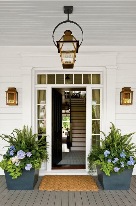 19 Things to Put on a Porch – My List of Lists Door Planters, Large Wooden Planters, Front Door Plants, Front Door Planters, Veranda Design, Front Porch Plants, Front Porch Flowers, Planters Ideas, Front Porch Planters