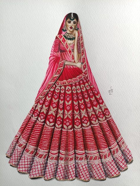 Lehanga Sketches Drawing, Lehanga Designs Drawing, Embroidery Dress Illustration, Lehnga Drawings, Lehanga Fashion Illustration, Bridal Lehangas Illustration, Traditional Wear Illustration Sketch, Traditional Illustrations Sketches, Traditional Dress Sketch Illustrations