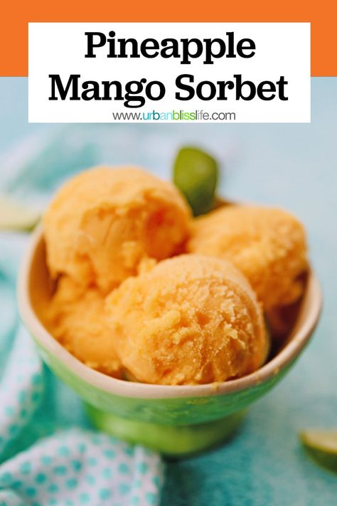 This mango sorbet recipe with pineapple is a summery, tropical treat that's so easy to make at home! Mango Sorbet Recipe, Freezer Treats, Fabulous Desserts, Cuisinart Ice Cream, Cuisinart Ice Cream Maker, Sorbet Recipe, Healthy Ice Cream Recipes, Ice Lollies, Mango Pudding