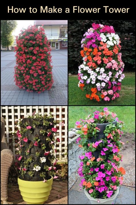 These flower towers are perfect for those with small yards. Simple Flower Bed Ideas, Diy Flower Tower, Aesthetic Flower Design, Flower Pot Tower, Garden Ideas Flower, Lawn Striping, Flower Garden Ideas, Flower Bed Edging, Courtyard Ideas