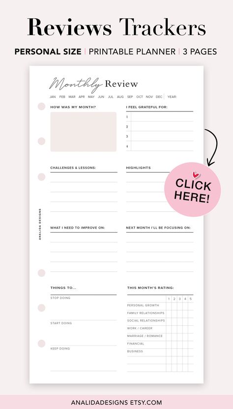 🖤 DAILY, WEEKLY & MONTHLY REVIEW/REFLECTION PRINTABLE PLANNERS - by Analida Designs
These 3 inserts give you total control over what information you’d like to reflect on in your daily/weekly & monthly review. These Self-reflections worksheets help you record moments, plan ahead and reflect on your thoughts, feelings, and goals. Personal size: 3.75 x 6.75 in (95.25 x 171.45mm) Daily Review Template, Monthly Review Planner, Day Review Journal, Weekly Review Journal, Monthly Reflection Template, Daily Review Journal, Weekly Reflection Template, Monthly Review Template, Journal Templates Layout