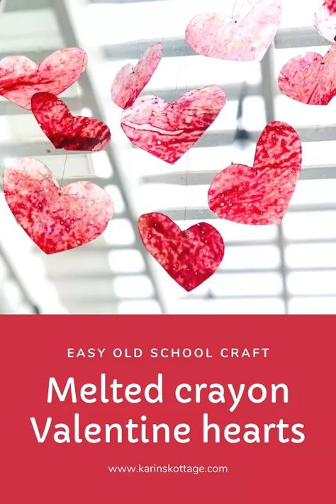 Here is a super fun old school way to make Valentine decorations. Melted crayon Valentine stained glass hearts! This is a really easy and fun to do! Even the kids can get involved. Supplies needed- Old crayons Grater and or knife Wax paper Iron Scissors Prepping crayons First I took the paper off of all the crayons that I wanted to use. I tried to pick pinks, reds, yellow and oranges. I used my zester to grate the crayons. Next I ripped off two sheets of waxed paper lar… Valentine Crayon Melt, Melted Crayon Heart, Stained Glass Hearts, Crayon Valentines, Valentine Tablescape, Heart Sugar Cookie, Valentines Party Decor, Crayon Heart, Loads Of Love