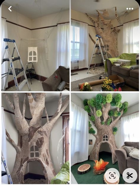 Tree House Reading Nook, Fall Decorations Daycare, Diy Indoor Treehouse, Where The Wild Things Are Room, Tree In Corner Of Room, Enchanted Living Room, Playroom Tree, Indoor Treehouse, Library Tree