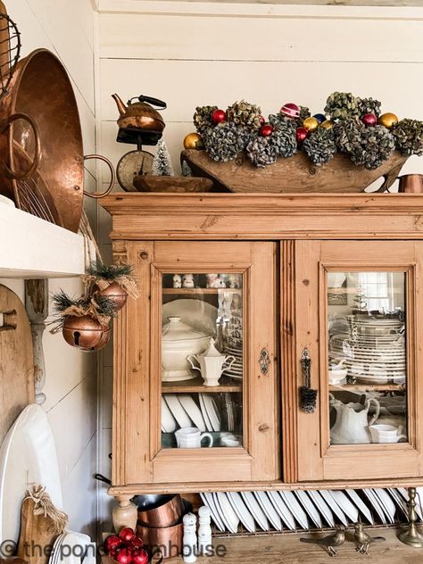 Christmas Hutch Decor, Vintage Farmhouse Christmas, Diy Plate Rack, Christmas Banister, Rethunk Junk, Shallow Shelves, Target Decor, Antique Hutch, Vintage Crock