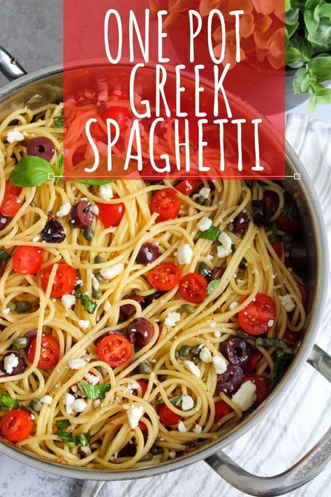 Meteranian Pasta Recipes, One Pot Greek Spaghetti Busy Day Dinners, Greek Pasta Recipes Dinners, Greek One Pot Meals, Feta Spaghetti Pasta, Mediterranean Spaghetti Recipes, One Pot Greek Spaghetti, Mediterranean Spaghetti Salad, Mediteranian Pasta Salad