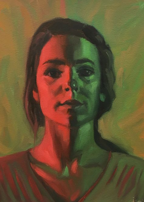 Red Green Complementary Color Portrait #6, Oil on Arches Oil Paper, 14X11 inches Color Portrait Painting, Light Portrait Painting, Painting Complementary Colors, One Color Portrait, Green And Red Drawing, Red And Green Lighting, Complementary Color Portrait, Contrast Portrait, Complementary Colours Art