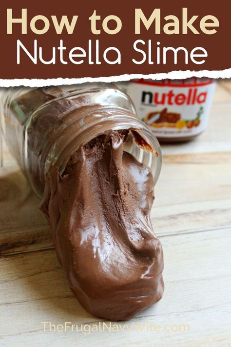 This edible Nutella Slime only takes 2 ingredients and my kids swear it tastes like a Nutella Marshmellow. No joke. Make it yourself today. #nutella #slime #edibleslime #slimerecipe #frugalnavywife #easyactivityforkids | Slime Recipes | Edible Slime | Nutella Recipes | Kids Activities | Easy Crafts For Kids Slime Edible, Homemade Edible Slime, Food Slime, Chocolate Slime, Edible Slime Recipe, How To Make Nutella, Edible Slime, Slime Recipes, Diy Edible