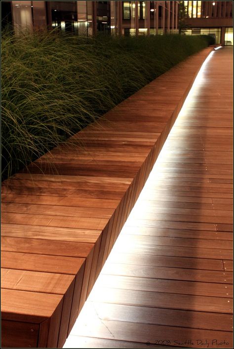 Planting, Stairs, Bench Lighting, Grass Planting, Night Shot, Wooden Bench, Outdoor Lighting, At Night, Places To Go