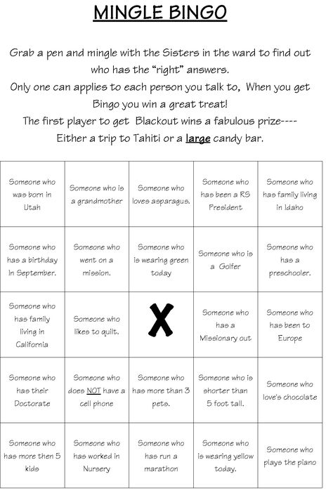 I read about this idea, and so I made my own. It is a game you can use for a Get To Know You Night! Mingle Bingo, Relief Society Visiting Teaching, Relief Society Birthday, Lds Relief Society, Family Reunion Games, Relief Society Activities, Ice Breaker Games, Visiting Teaching, Enrichment Activities