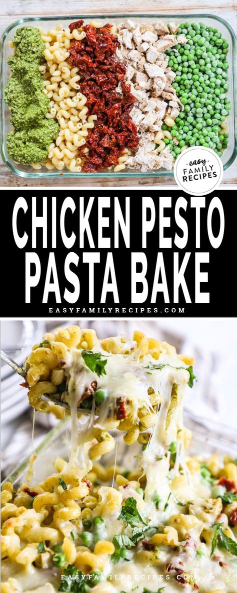 An AMAZING, quick dinner idea with tons of yummy flavor! Everyone will devour every bite when you make this pesto chicken pasta bake, it’s a fantastic, EASY family dinner recipe for the busiest of weeknights! Sun dried tomatoes, cream, and basil pesto are mixed with pasta and chicken to make a weeknight meal that even kids will love. It’s easy to customize this baked chicken pesto pasta with your favorite veggies too, so you can feel good about serving a complete meal with stress-free prep! Chicken Pesto Veggies, Pesto Chicken With Tomatoes, Chicken Pesto Ricotta Pasta, Pesto Chicken Broccoli Pasta, Pesto Rotisserie Chicken, Pesto Chicken Pasta Crockpot, Leftover Pesto Chicken Recipes, Pesto Pasta Casserole, Pesto Casserole Recipes