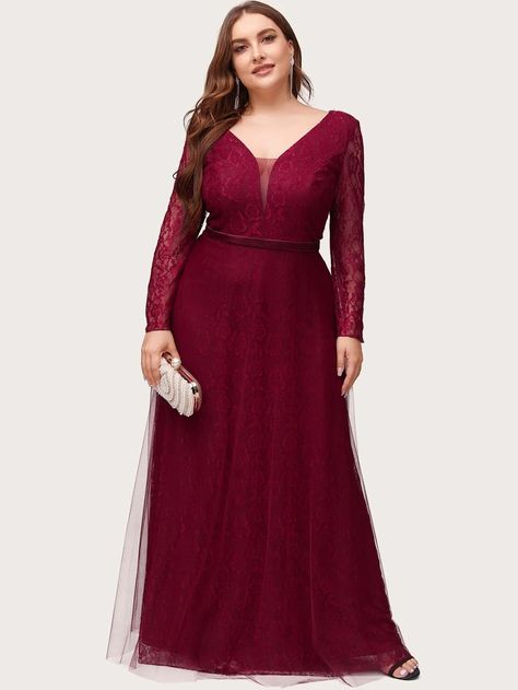 Dress For Mother, Dress For Chubby, Mesh Prom Dress, Cocktail Dresses With Sleeves, Plus Size Evening Gown, Dresses Wedding Guest, Plus Size Gowns, Gown Pattern, Red Evening Dress