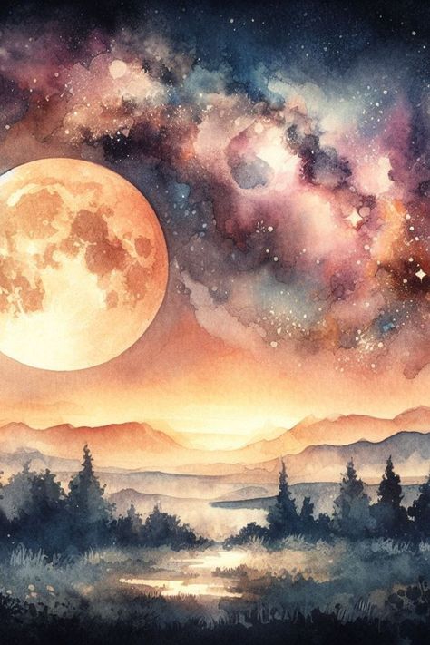 Evoke a sense of wonder and tranquility with this captivating watercolor art print. Featuring a celestial yellow moon casting its ethereal glow over majestic mountains and a lush forest, this artwork invites you to immerse yourself in the beauty of nature. Moon Over Mountains, Library Girl, Witchy Home, Watercolor House Painting, Moon Artwork, Night Sky Painting, Witchy Home Decor, Lush Forest, Yellow Moon