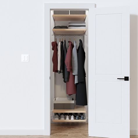 Elfa Decor 2' Birch & White Entry Closet | The Container Store Small Entry Closet Ideas, Affordable Closet Systems, Entry Closet Ideas, Elfa Closet, Elfa Shelving, Front Closet, Closet Solutions, Coat Closet Organization, Entry Closet