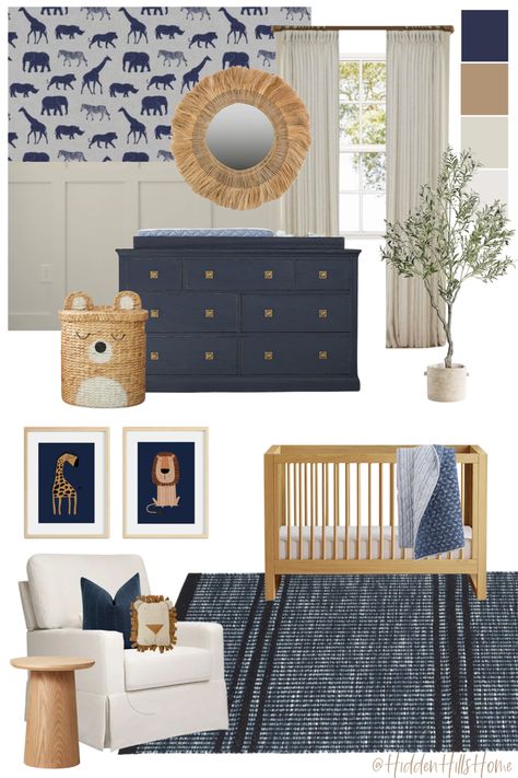 Safari themed baby boys nursery decor mood board with navy blue tones! Cute baby boys nursery decor ideas Navy Nursery Neutral, Navy Blue Baby Room, Blue Gender Neutral Nursery, Navy Blue Nursery Boy, Blue Safari Nursery, Baby Boy Animal Nursery, Baby Boy Nursery Room Design, Dragon Room, Safari Nursery Boy