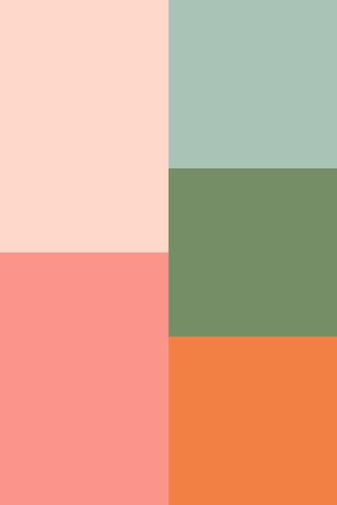 Colour palette: Pale pink, candy pink, duck egg blue, moss green, tangerine Pink Green Blue Orange Aesthetic, Peach Blue Green Color Palette, Yellow Pink Green Blue Colour Palettes, Duck Egg Paint, Pink Yellow Green Orange Color Palette, Pink Sage Color Palette, Dusty Pink And Orange Color Palette, Peach And Emerald Green, Orange Green Blue Pink Color Palette