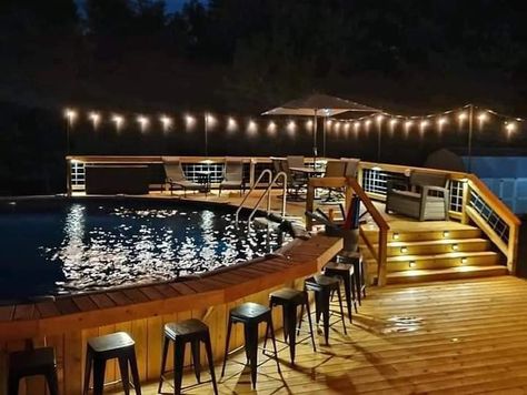 Hot Tub And Pool Deck, Pool And Deck Design, Deck To Pool Ideas, Above Ground Pool Bar Top, Above Ground Pool Design Ideas, Pergola Pool Deck, Low Decks Backyard Ground Level Patio, Deck Patio Combo Ideas With Pool, Deck Around Round Pool