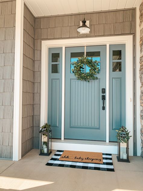 Front Door Colors With Light Red Brick, Tan House With Blue Door, Valspar Front Door Colors, Popular Exterior House Colors 2024, Farmhouse Spring Front Porch, Garage Colors, Aqua Door, Spring Front Porch Decor, Bourne Legacy