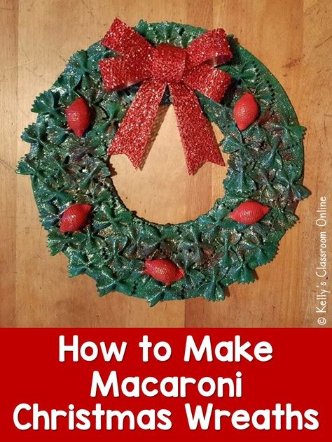 Learn how to make a macaroni Christmas wreath with these simple directions. You will need cardboard, a variety of dried pasta, glue, paint, glitter, and craft bows. These macaroni wreaths would be terrific as a classroom Christmas party craft or as a last-minute gift for children to make for the people they love. Fun for all ages. Preschool, prekindergarten, first grade, second grade, third grade, and up. #kellysclassroomonline Macaroni Christmas Ornaments, Making Christmas Wreaths, Diy Christmas Ornaments For Kids, Indoor Kids Crafts, Macaroni Crafts, Pasta Crafts, Christmas Reef, Christmas Party Crafts, Christmas Ornaments For Kids