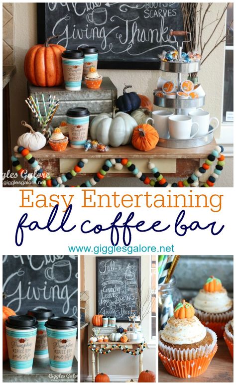 Easy Entertaining Fall Coffee Bar Fall Coffee Bar, Coffee Bar Party, Coffee Bar Ideas, Coffee Party, Harvest Party, Fall Entertaining, Home Coffee Bar, Coffee Bar Home, Hot Cocoa Bar