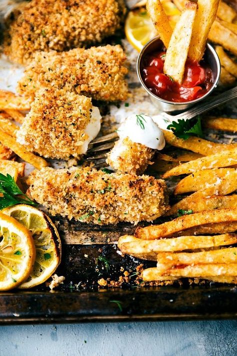 One Pan Easy Baked Fish and Chips - Chelsea's Messy Apron Easy Dinner Party Recipes, Fish N Chips Recipe, Meal Prep On Fleek, Homemade Tartar Sauce, Sheet Pan Dinners Recipes, One Pan Dinner, Ted Lasso, Dinner Party Recipes, Fish Dinner