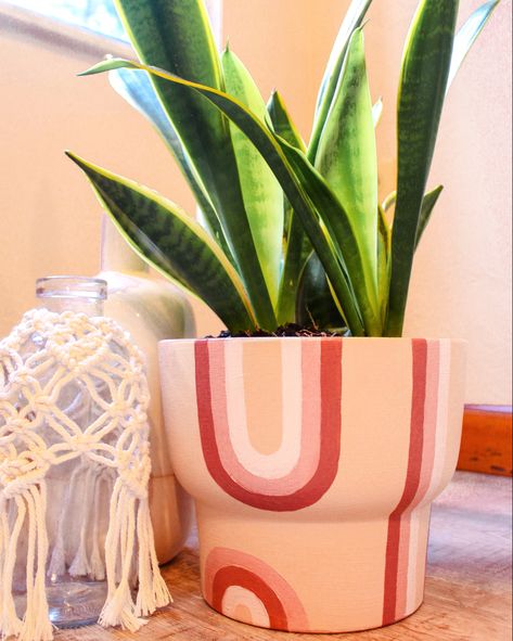 Hand Painted Terracotta Boho Plant Pot with Snake Plant Abstract Plant Pot Painting, Painted Plant Pots Diy Boho, Terracotta Painted Pot, Painting Planters Pots Ideas Diy, Boho Flower Pot Painting, Ceramic Art Plant Pot, Pot Plant Designs Diy Painting, Diy Plant Pot Painting Ideas, Paint Your Own Plant Pot