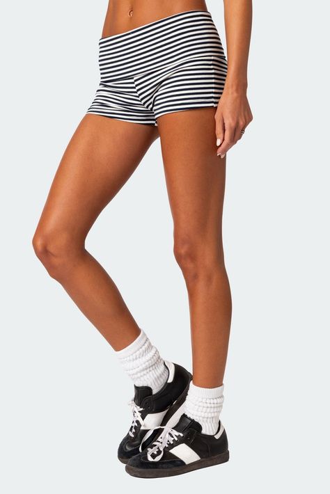 Shorts Fold over waist Striped pattern Cotton, Spandex Model wears size S Model height is 5'9 Item care: Wash with similar color Denim Shorts Outfit Summer, Fav Products, Chill Fits, Eclectic Fashion, Lounge Shorts, Plaid Shorts, Mini Shorts, Adidas Samba, Patterned Shorts