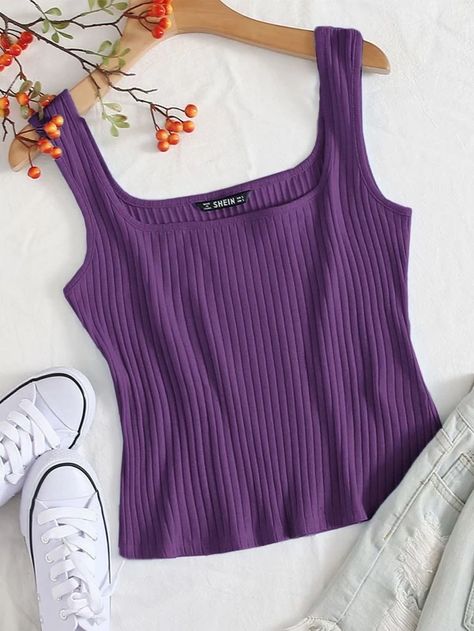 Solid Rib-knit Tank Top | SHEIN USA Morado Aesthetic, Aesthetic Outfit, Fashion Design Clothes, Girls Fashion Clothes, Online Dress Shopping, Inspiration Mode, Knitted Tank Top, Knit Tanks, Fashion Online Shop