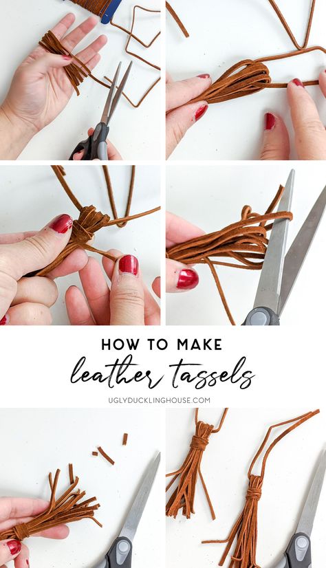 Make tassels with ease! It looks complex, but making tassels from leather cord or yarn is EASY! Check out the easy instructions and make your own for cheap. #leather #tassels #diy #christmas #ornaments #howto Faux Leather Tassel Diy, Fringe Keychain Diy Leather Tassel, Leather Cord Keychain Diy, How To Make Leather Feathers, Suede Cord Crafts, Leather Jewellery Diy, Leather Ornaments, Easy Leather Projects, Diy Leather Tassel Keychain