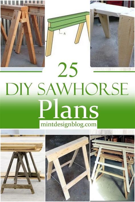 25 DIY Sawhorse Plans For Woodworkers - Mint Design Blog Sawhorse Diy, Build Sawhorse Diy, How To Build A Sawhorse, Saw Horse Plans, Folding Sawhorse Plans, Homemade Saw Horses, Adjustable Saw Horse Plans, How To Build Saw Horses, Diy Saw Horse