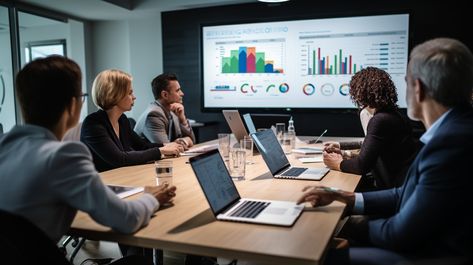 Corporate Meeting Insight: A team of professionals engaged in a corporate meeting discussing data displayed on the screen. #meeting #corporate #professionals #office #conference #data #presentation #graphs #aiart #aiphoto #stockcake https://ayr.app/l/k2zw Corporate Office Photoshoot, Accountant Life, Success Business Motivation, Data Presentation, Communication Pictures, Presentation Pictures, Group Meeting, Corporate Life, Team Meeting