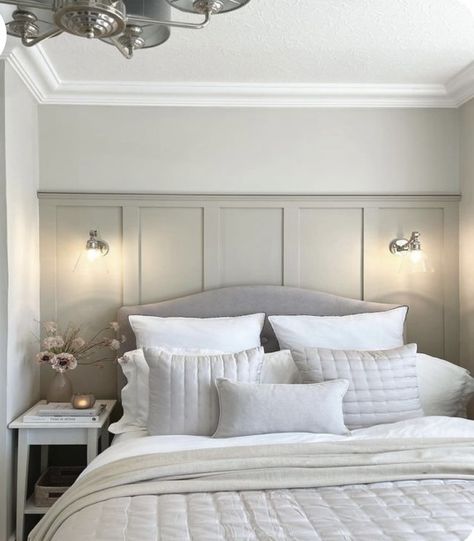 Panelled Walls Bedroom Headboards, Parents Retreat, Plaster Coving, Bedroom Revamp, Neutral Bedroom Decor, Wall Panels Bedroom, Parents Room, Cosy Bedroom, Cottage Bedroom