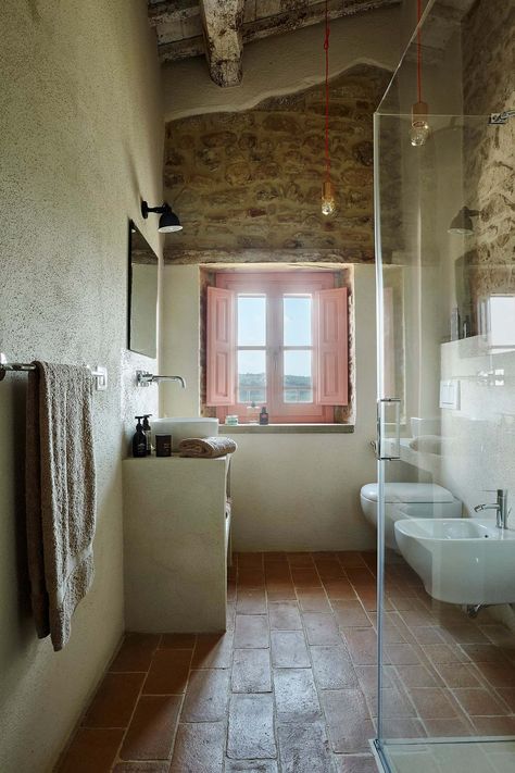 16th Century farmhouse restored into charming holiday villa in Italy Tuscany Bathroom, Villa In Italy, Bathroom Projects, Italian Farmhouse, Century Farmhouse, Italy House, Villas In Italy, Stone Farmhouse, Farmhouse Renovation