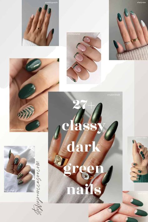 Looking for chic forest green nails ideas? You’ll love these dark green nails designs with forest green as the star! There’s acrylic nails in all shapes like coffin, almond, square, and short, along with ideas for from, summer, fall, and even Christmas. Choose from simple matte nails, or classy dark green nails with gold, and so much more! Photo Cred: @jark.nails, @nolas.nails, @heluviee, @gossipandgloss, @mydumbnails, @bluecloudspa, @nailsbypaulin @nailsbyzuziap Hunter Green Gel Nail Designs, Nail Ideas Forest Green, Dark Green Nails With Gold Design, Green Fall Manicure, Hunter Green Acrylic Nails Designs, Green Floral Nail Designs, Emerald Green Nail Designs Almond, What Color Nails With Green Dress, Nails To Go With Dark Green Dress